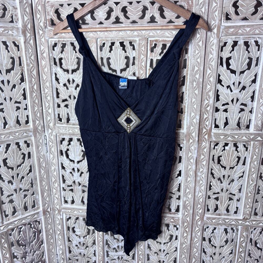 Retro Y2K Women Top Black Satin Rhinestone Pearls Whimsigoth Fairy Cocktail XL